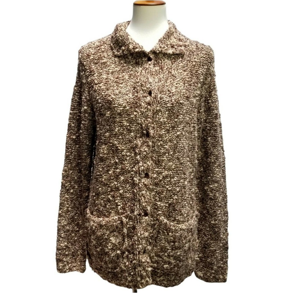 MAG By Magaschoni Wool Bl. Sweater Cardigan Brown Chunky Boucle Pockets Womens M
